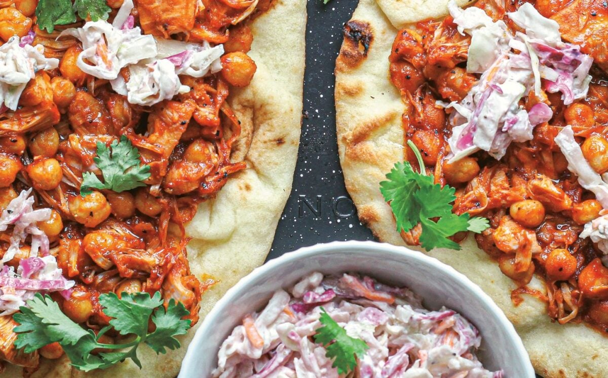 BBQ jackfruit & chickpea flatbread with creamy slaw