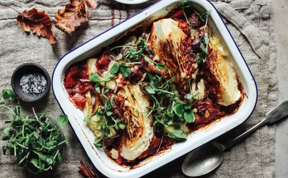 hispi cabbage in smokey tomatoes and tahini for vegan cabbage recipes