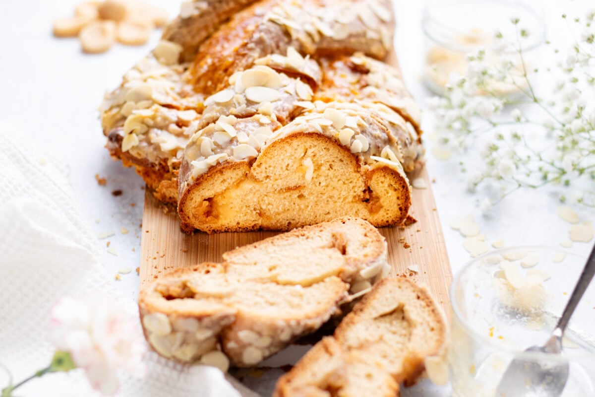 a vegan Easter plait made with almonds and marzipan