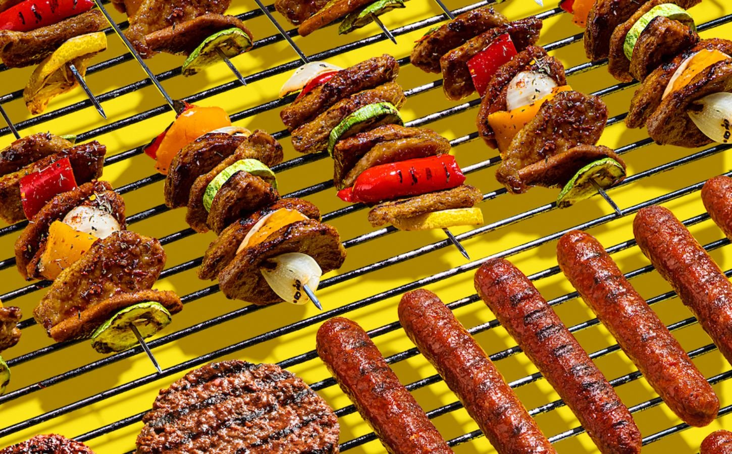 Vegan chicken and chorizo meat by Heura lying on a grill