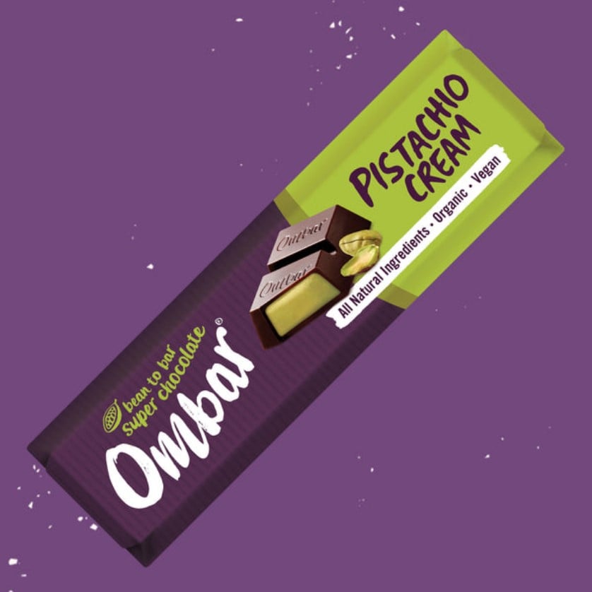Photo shows a computer-generated version of Ombar's pistachio cream chocolate bar