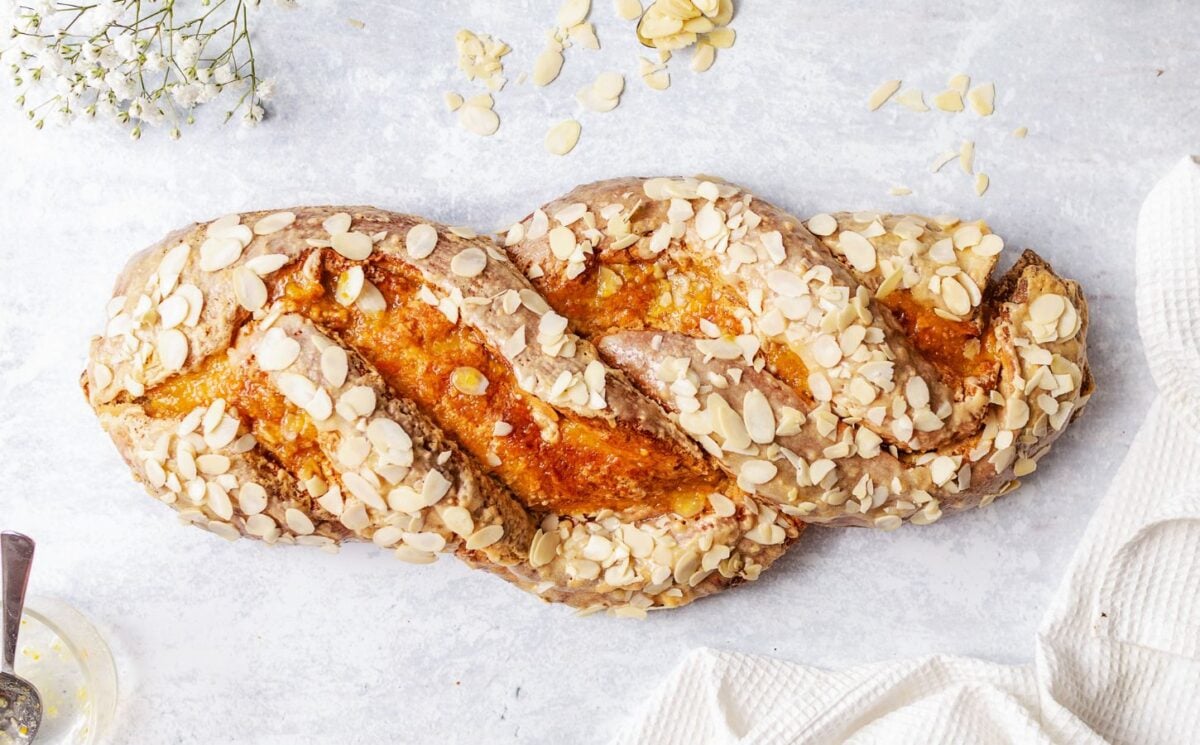 a vegan Easter plait made with almonds and marzipan